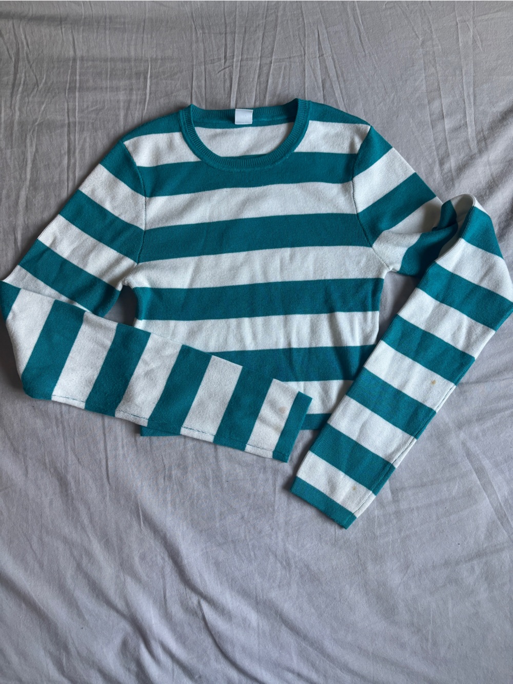 Simons Teal and White Striped Crewneck Sweater